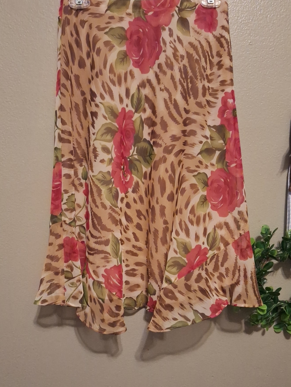 Floral Rose & Leopard Print Flowy Skirt - Pink, Tan, Green Lined No Pulls No Run